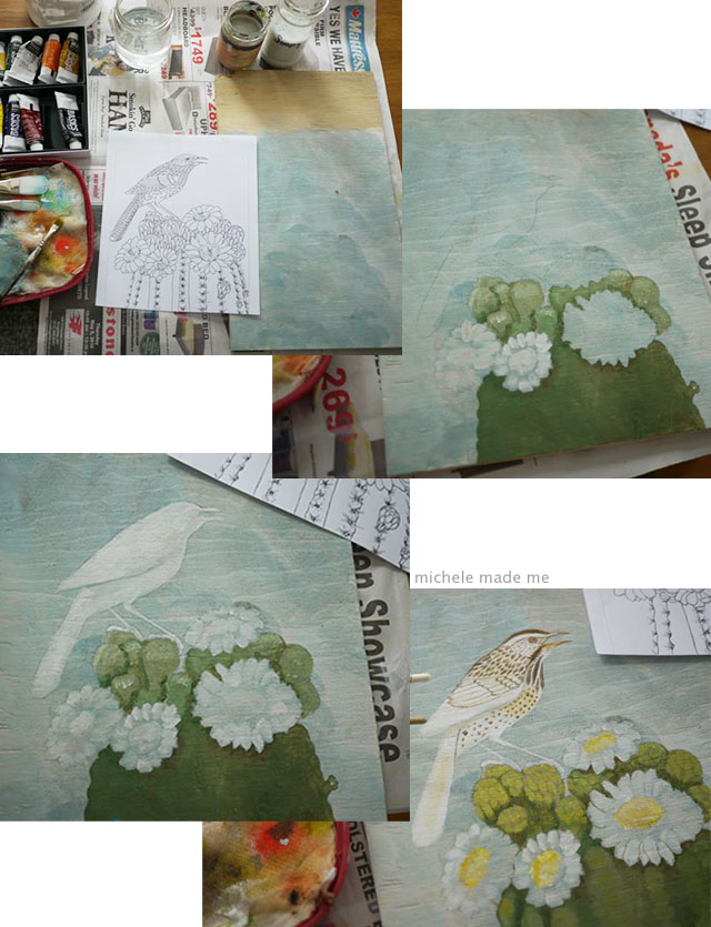 Process of colouring page painting of bird @ Michele Made Me