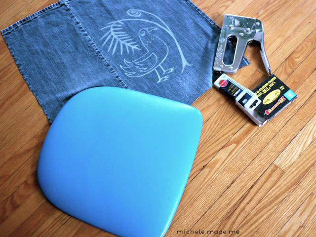 Getting ready for re-upholstering denim chair Michele Made Me